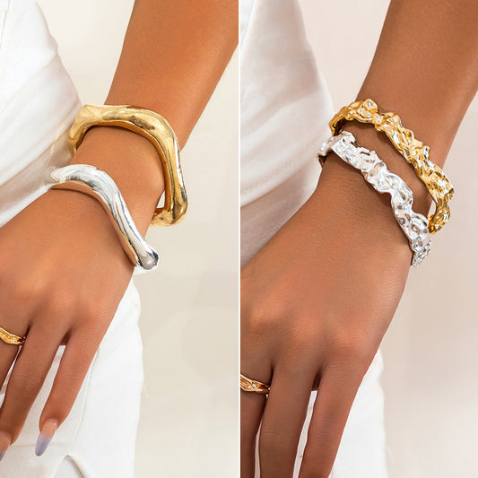 Women's Design Metal Irregular Lava Fashion Texture Pleated Bracelets