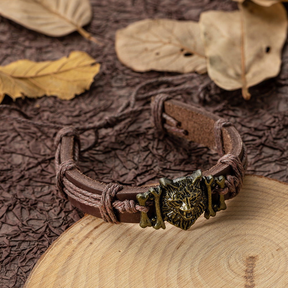 Bracelets en cuir rétro tête de loup, personnalité en Bronze