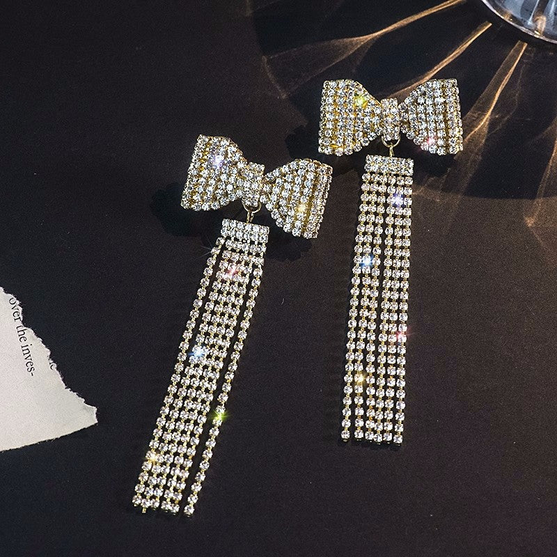 Diamond Bow Long Tassel Unique Exaggerated Earrings