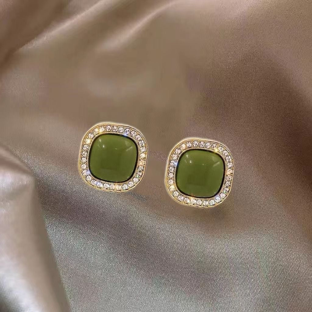Avocado Green Geometric Rhinestone Temperamental Cold Style French Vintage Pearl Stud Earrings