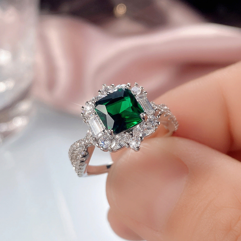 Women's Inlaid Grandmother Green Princess Square Zircon Rings