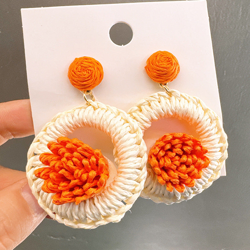 Style Seaside Vacation Exaggerated Wear Unique Straw Flower Round Design Earrings