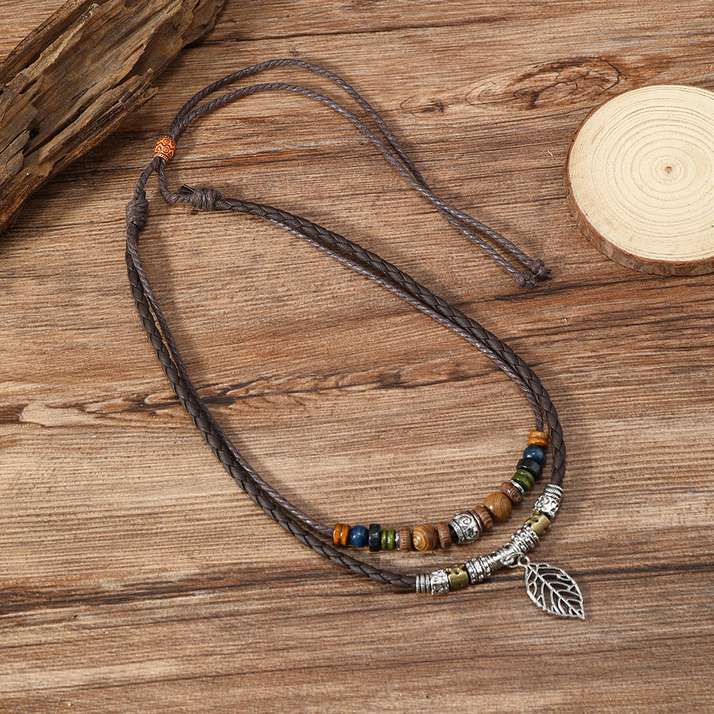 Women's Shape Braided Rope Clavicle Chain Retro Style Wooden Necklace