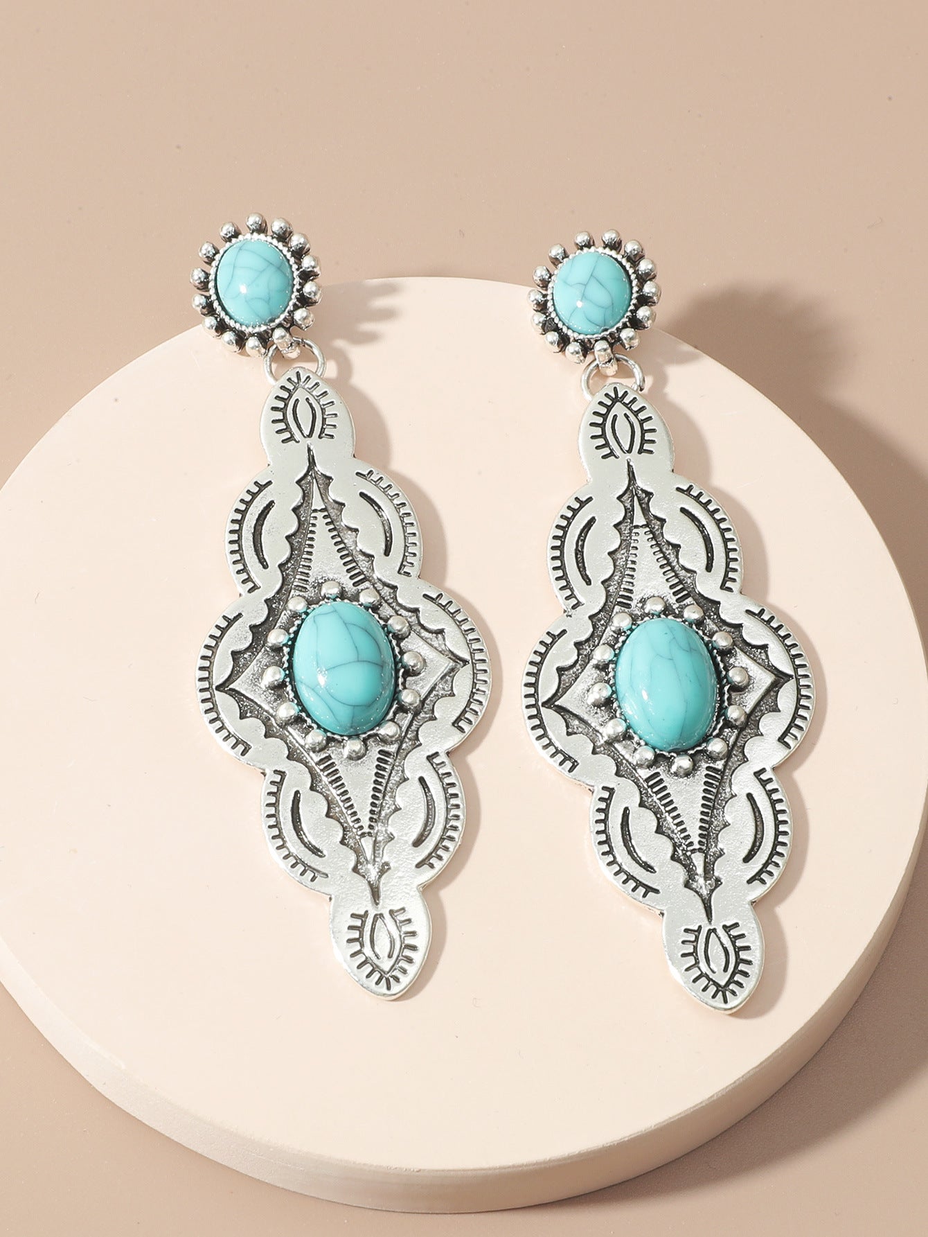 Boucles d'oreilles longues turquoise de style ethnique, personnalité haut de gamme