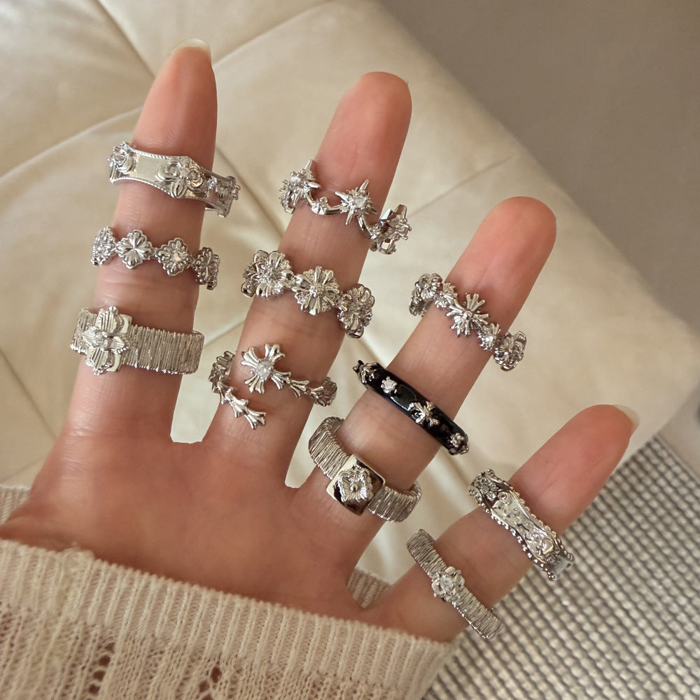 Cross Drip Glazed Design Zircon Inlaid Twin Rings