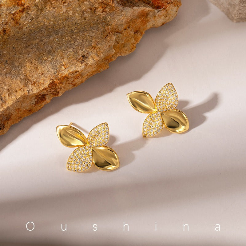 Zircon Flower Fashion Commuter Cold Temperament Entry Lux High Stud Earrings