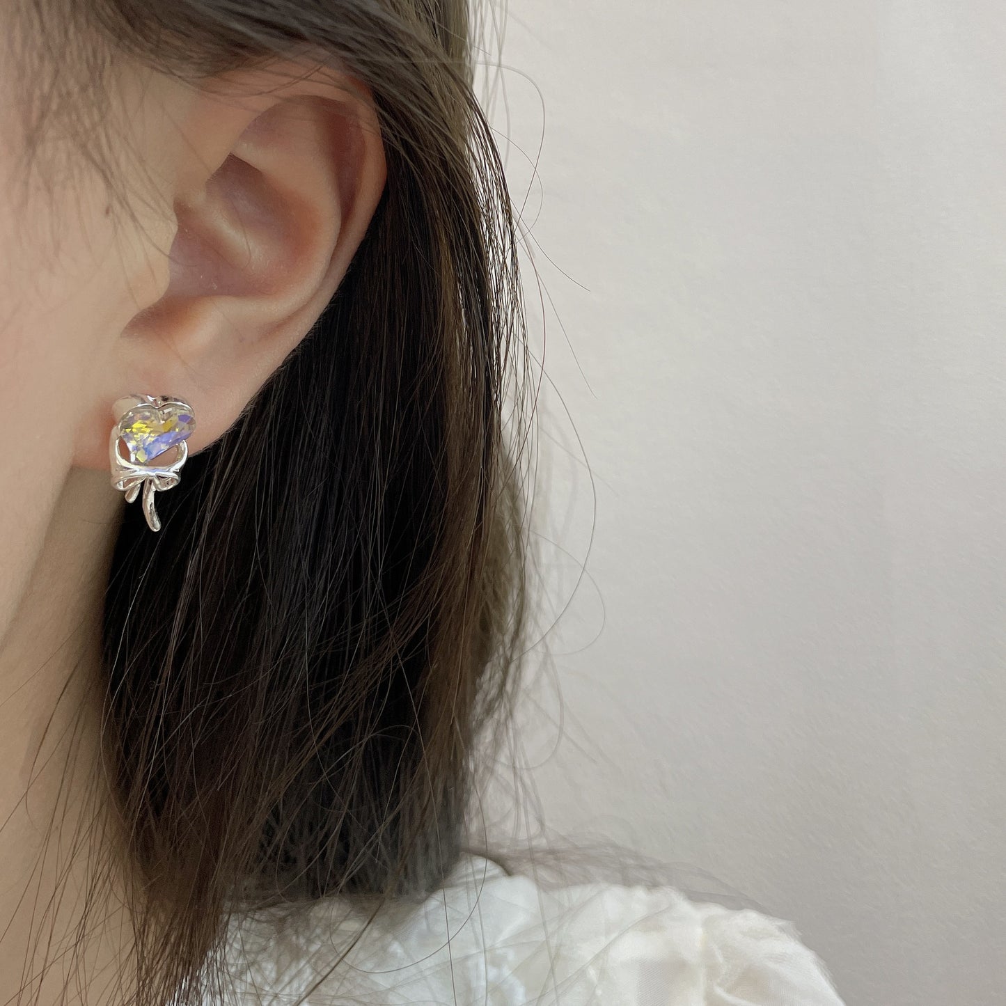 Boucles d'oreilles en argent avec nœud en forme de cœur et diamant rose cool