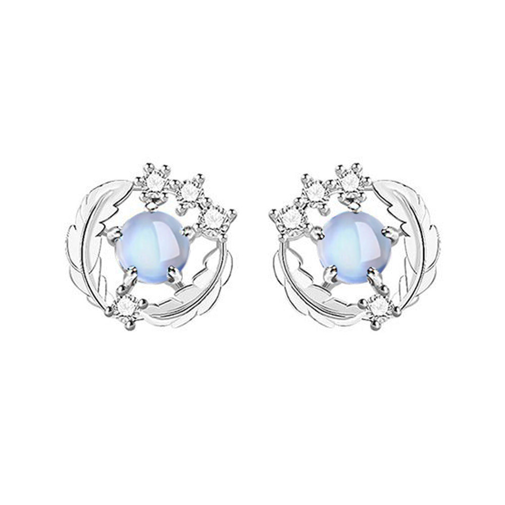 Sier Feather You Accompany Fashion Moonstone Earrings