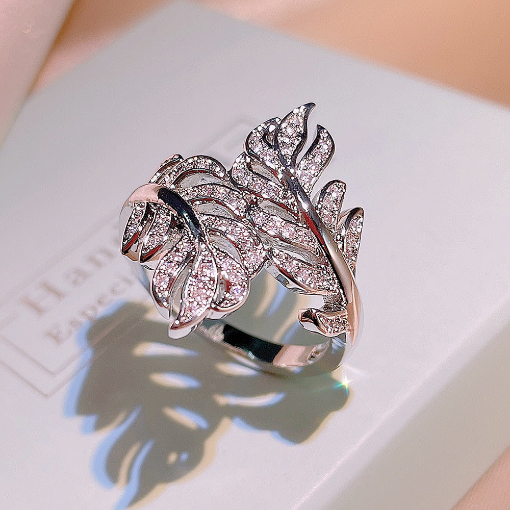 Live Zircon Ornament Fashion Leaf Size Rings