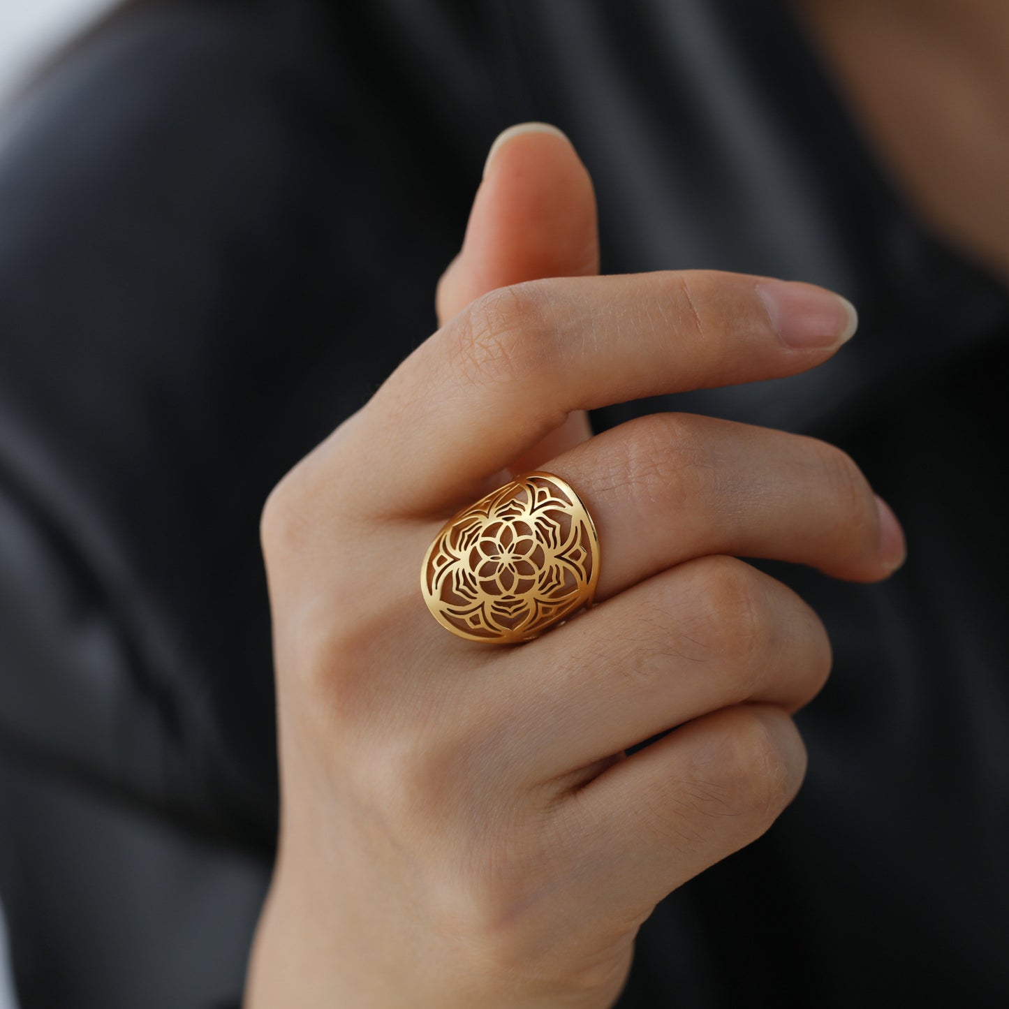 Small Titanium Steel Cut Hollow Exaggerated Hip Hop Hexapetalous Flowers Ring