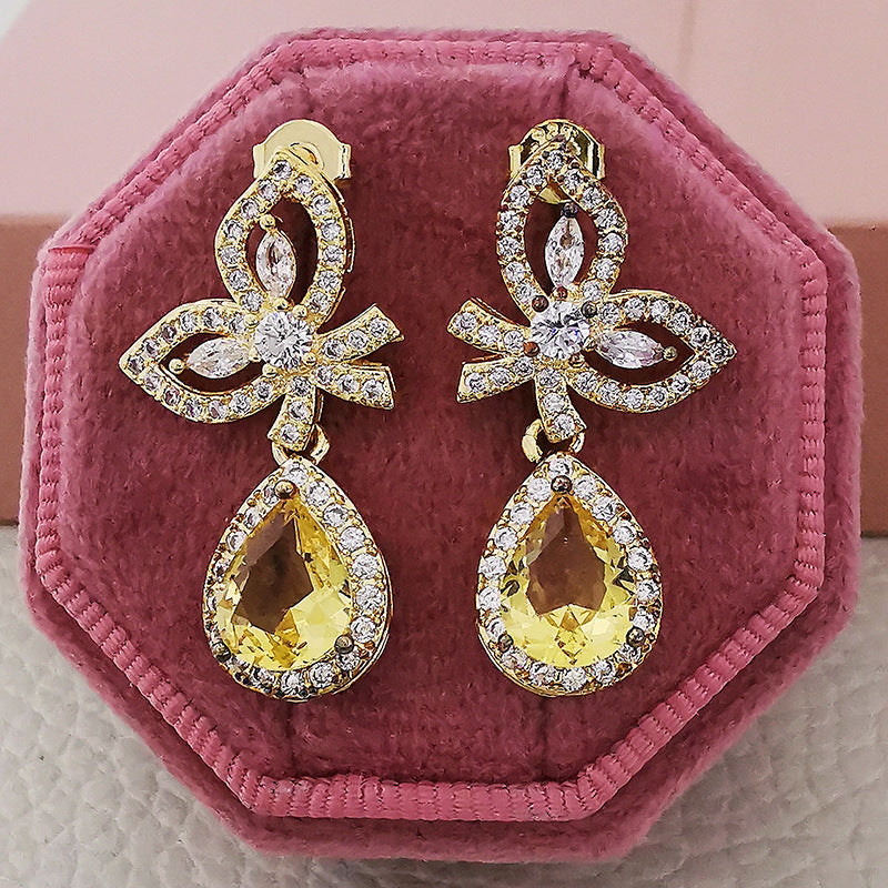 Inlaid Zircon Yellow Water Drop Wings Female Earrings