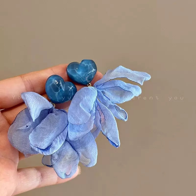 Fresh Blue Fabric Flower Elegant Sweet Rings
