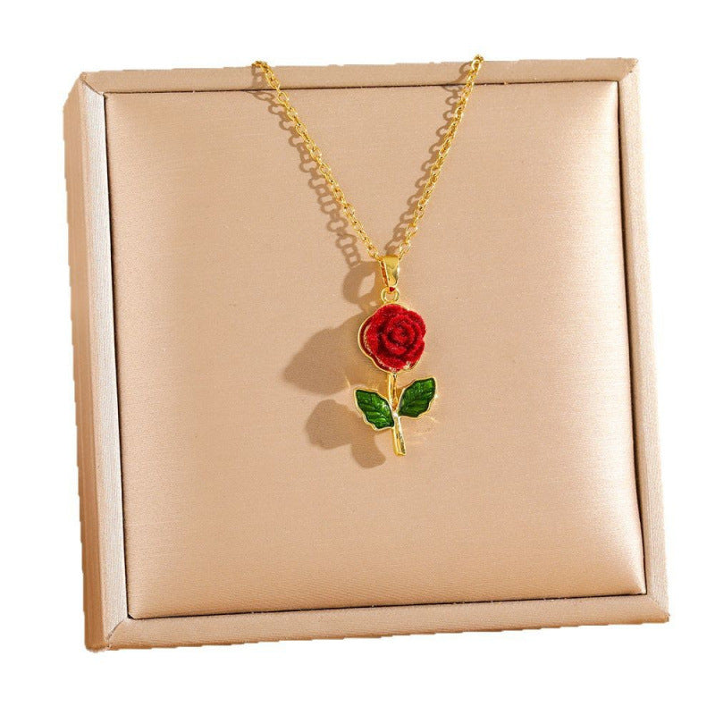 Women's Titanium Steel Rose Full Diamond Light Luxury Temperament Gorgeous Clavicle Necklace