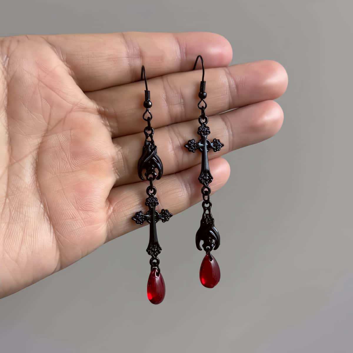 Gothic Renaissance Elegant Bat Cross Dark Earrings
