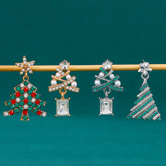 Boucles d'oreilles colorées en forme d'arbre de Noël en diamant pour femmes, personnalité gracieuse