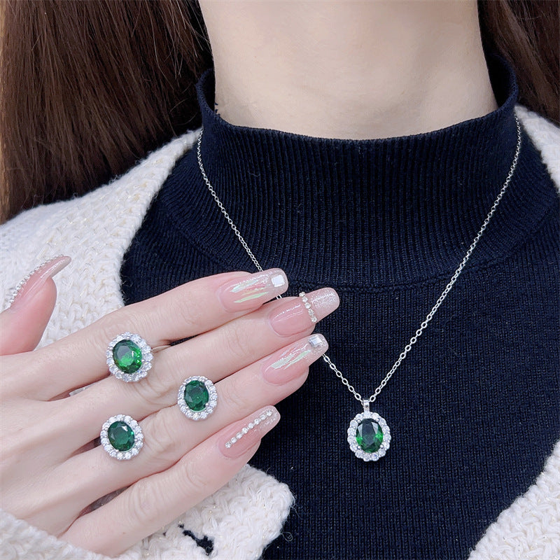 Women's Clavicle Emerald Chain Sterling Sier Gemstone Inlaid Zircon Jewelry Set