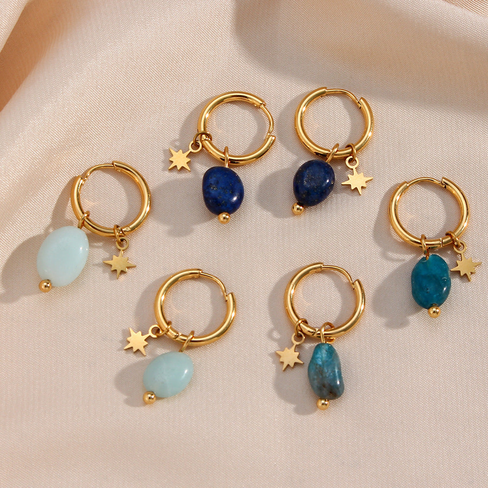 Stone Eight Awn Star Titanium Steel Gold Plated Ear Earrings