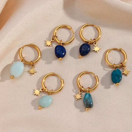 Stone Eight Awn Star Titanium Steel Gold Plated Ear Earrings