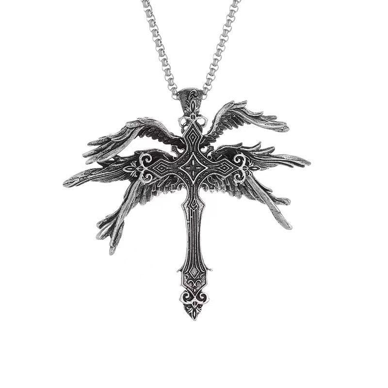 Women's & Men's Retro Dark Angel Wings Cross Trendy Personalized Sweater Necklaces