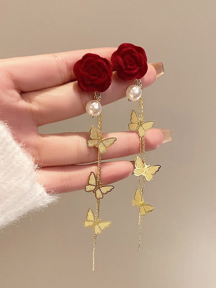 Women's Red Flower Long Butterfly Tassel Light Luxury High Sense Earrings