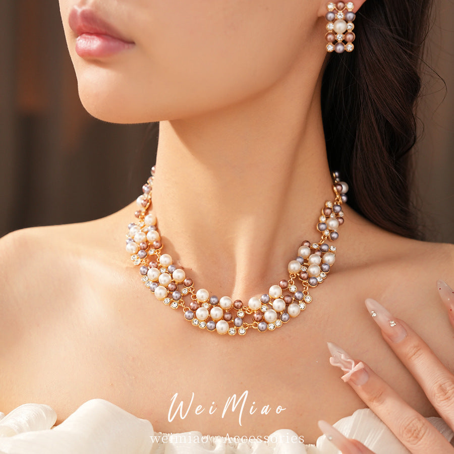 Women's Middle Ancient Diamond Beaded Pearl Ear Light Luxury Minority Clavicle Necklaces