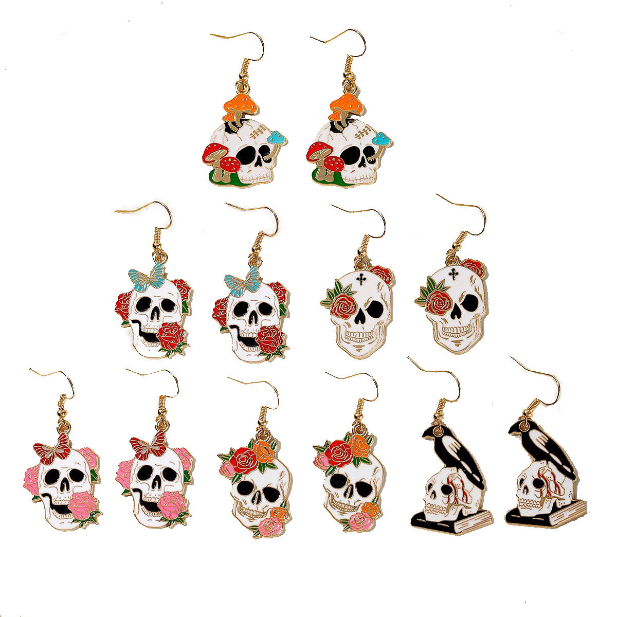 Boucles d'oreilles corbeau, dessin animé, champignon, papillon, crâne d'Halloween