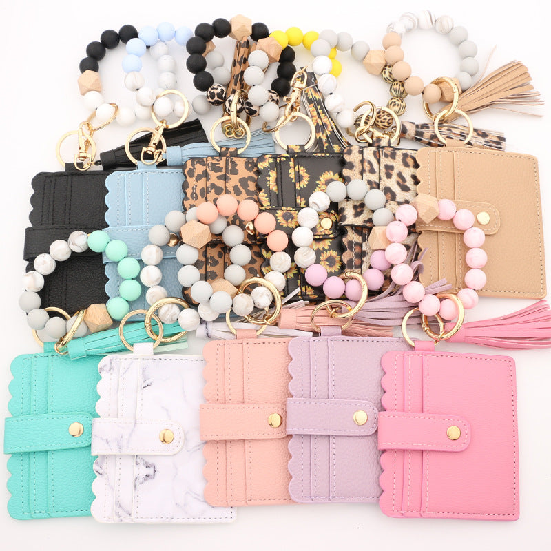 Women's Card Holder Leopard Print Tassel Wallet Leather Bracelet