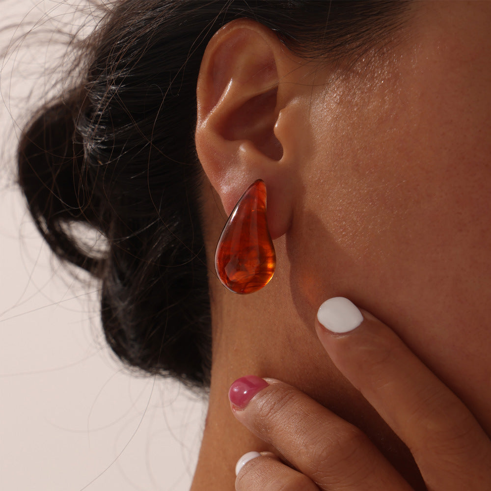 Fashion Simple Casual Style Resin Water Drop Shape Titanium Steel Earrings