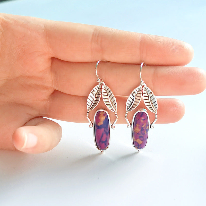 Geometric Purple Turquoise Vintage Leaves Metal Earrings