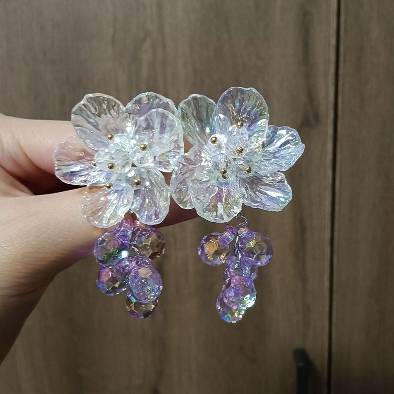 Sier Needle Crystal Flowers Beaded Tassel Fresh Sweet Beautiful Fashion Stud Earrings