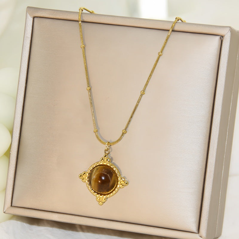 Women's Tigereye Round Titanium Steel Style Clavicle Chain Personalized Minority Design Pendants