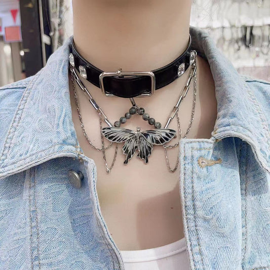 Trendy Cool Hot Butterfly Tassel Diamond Leather Chain Necklaces