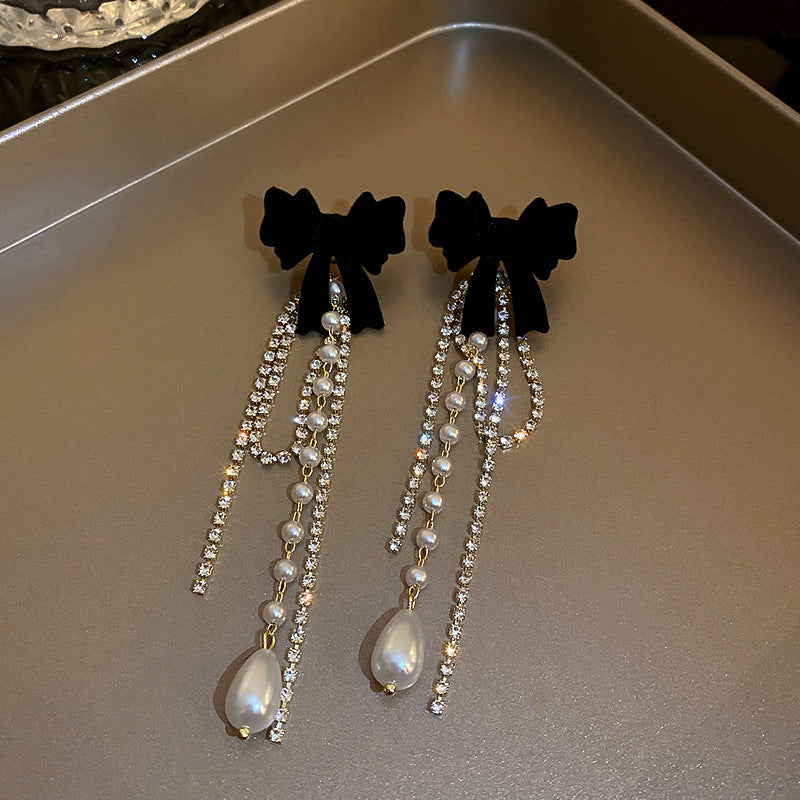 Needle Flocking Bow Artificial Pearl Tassel Fashion Earrings