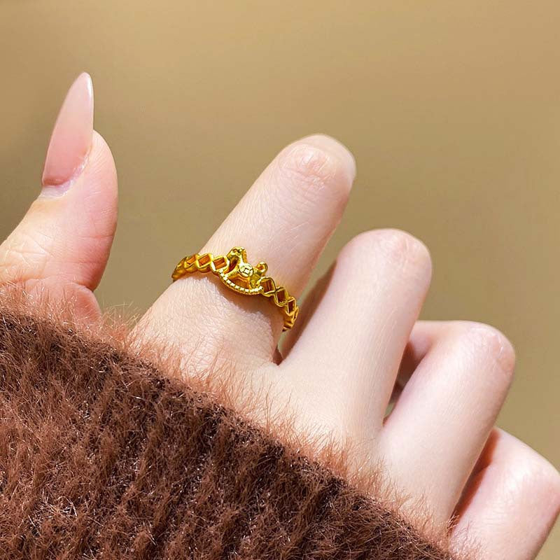 Chinese Style Immediately Rich Female Golden Hollow Coin Pony Light Ring