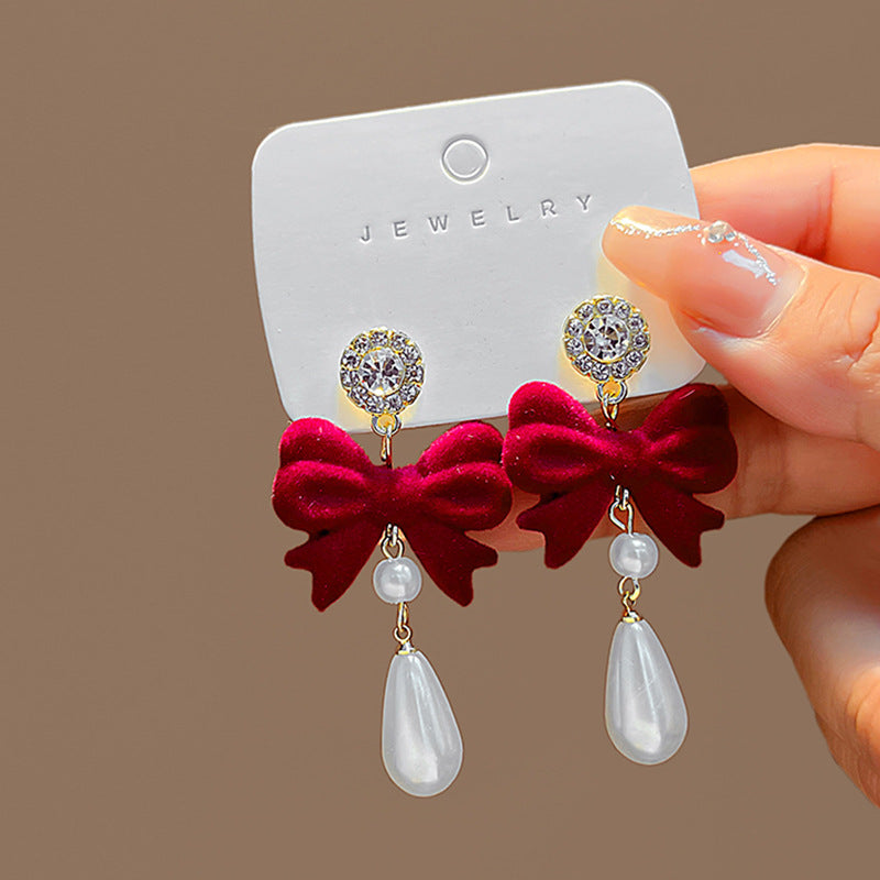 Wine Red Flocking Elegant Atmosphere Bow Rose Earrings