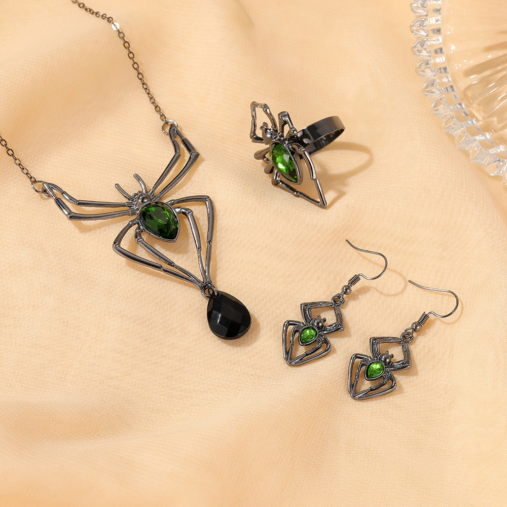 Halloween Three-piece Spider Retro Emerald Suit Jewelry Set