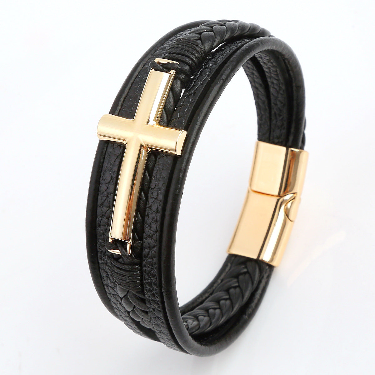 Men's Leather Hand-woven Alloy Magnetic Buckle Bangle Bracelets