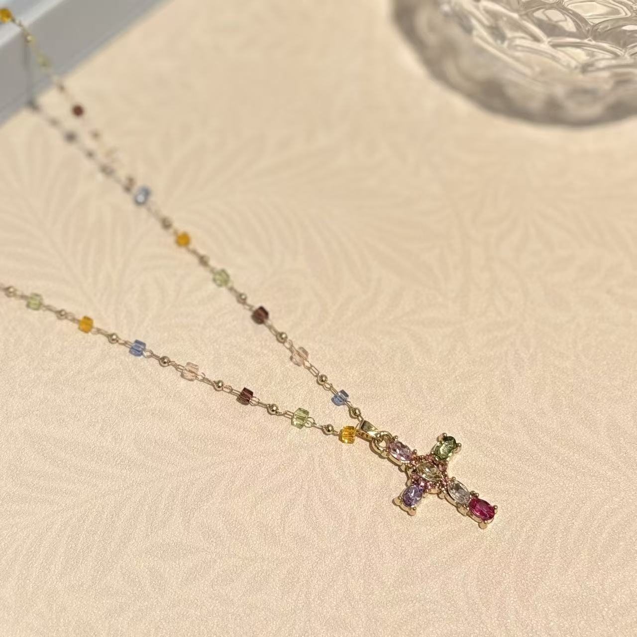 Dopamine Color Beaded Zircon Cross Trendy Retro Sweet Cool Style Necklaces