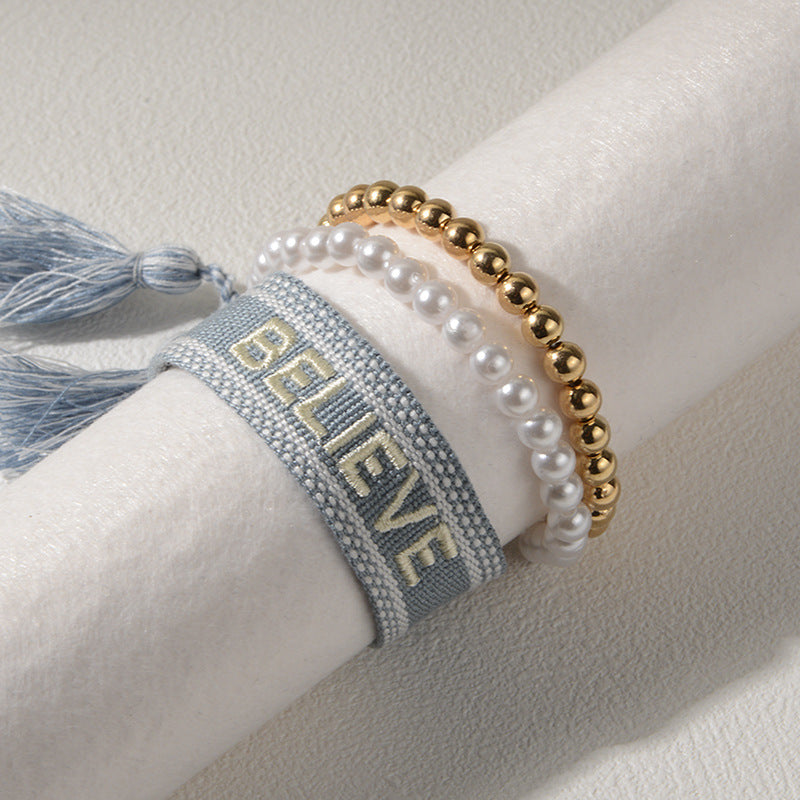 Women's Korean Letter Printed Pearl Graceful Pull-out Bracelets