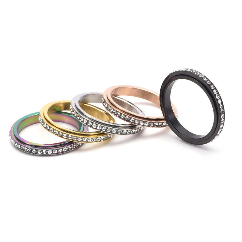 Women's Stainless Steel Fresh Single Row Rhinestone Rotatable Rings