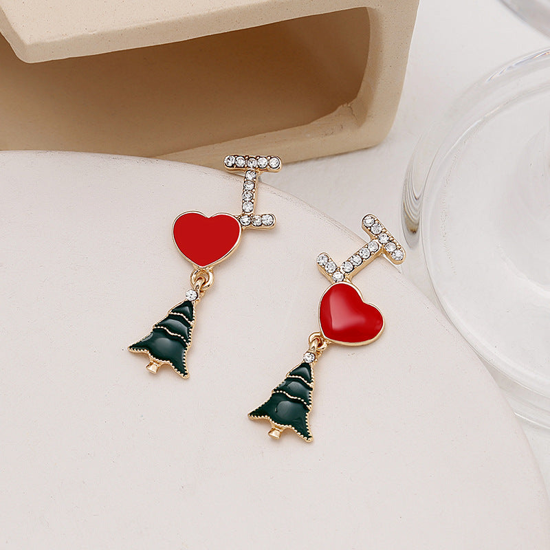 Boucles d'oreilles asymétriques en forme d'arbre de Noël avec longues lettres