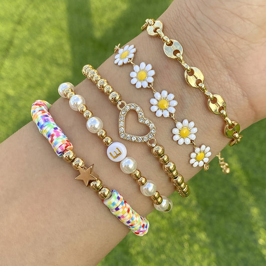 Metallic Pig Nose Button Round Beads Chain Creative Little Daisy Bracelet