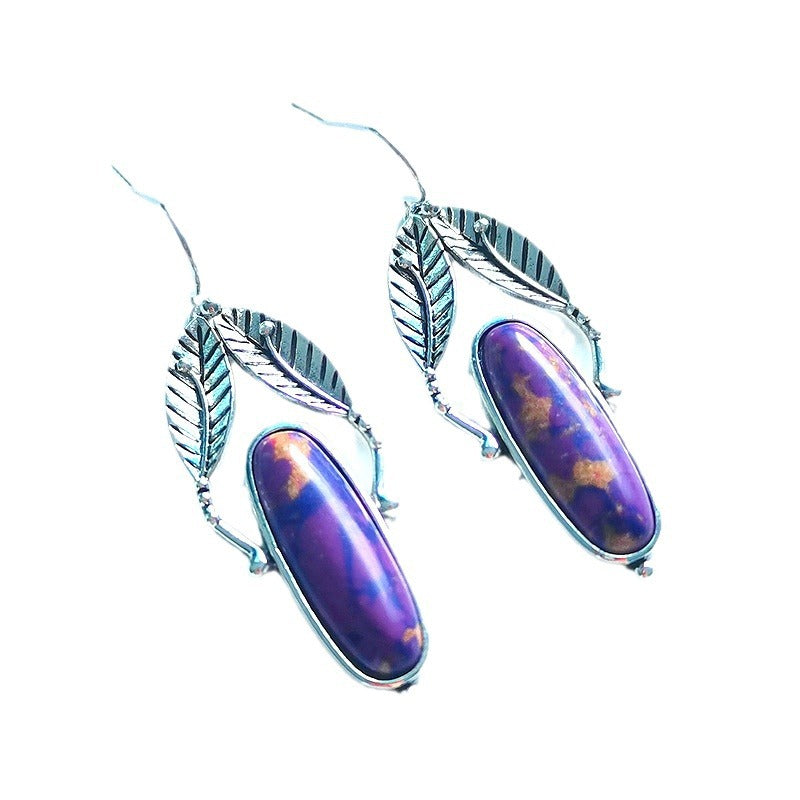 Geometric Purple Turquoise Vintage Leaves Metal Earrings