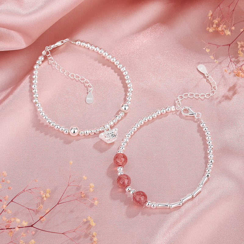 Sterling Sier Broken Strawberry Quartz Bamboo Bracelets