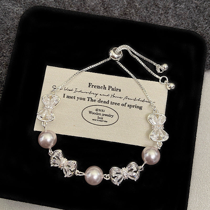 Women's Pearl Full Zirconium Bow Love Pull Exquisite Design Bracelet