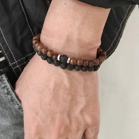 Herren-Armbänder mit gemaserten Natursteinperlen und Kreuzmuster