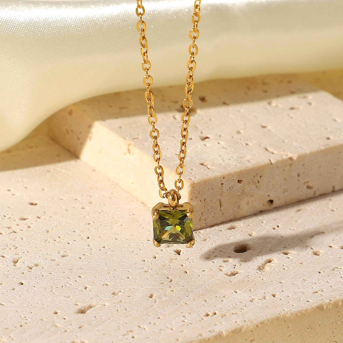 Women's Gold Stainless Steel Square Zircon Pendant Necklaces