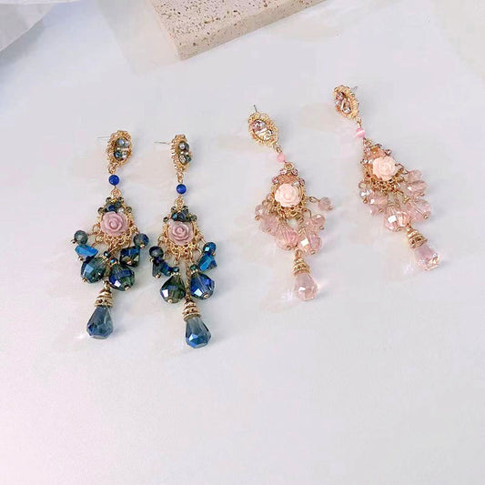 Super Fairy Pink Roses Flower Crystal Tassel Pendant Earrings