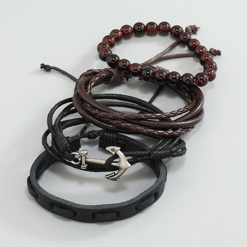 Simple Vintage Weave Boat Anchor Cowhide Carrying Strap Leather Bracelets