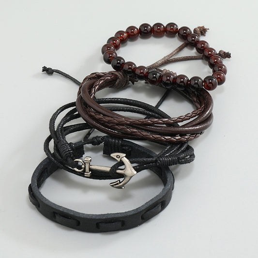 Simple Vintage Weave Boat Anchor Cowhide Carrying Strap Leather Bracelets